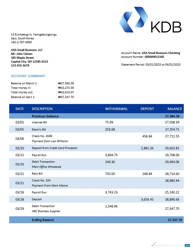 Download KDB Group bank firm account statement Word and PDF template Photoshop template